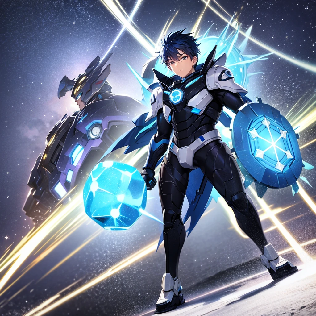 Full body view of a bi-racial blue haired boy and brown eyes wearing an ice themed superhero suit with a snowflake in the center of his suit in the streets of Akihabara Japan