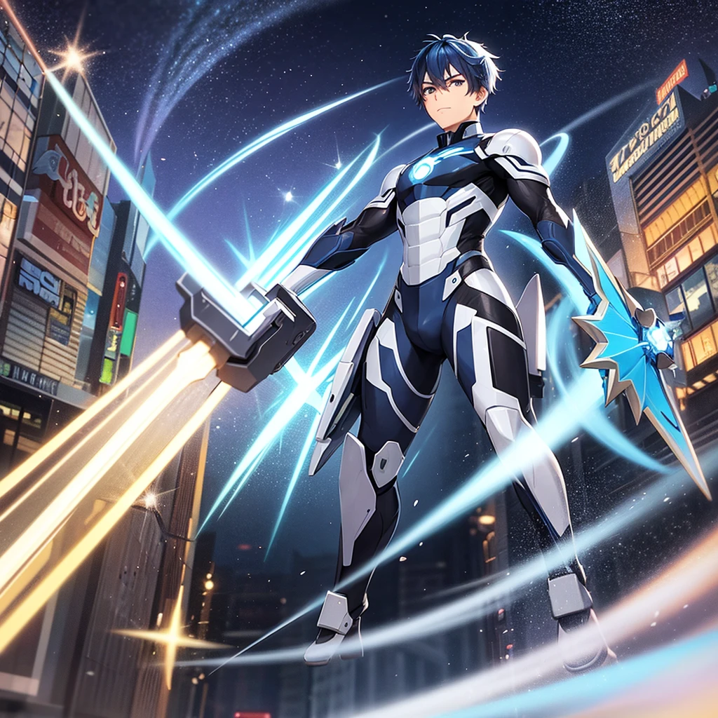 Full body view of a bi-racial blue haired boy and brown eyes wearing an ice themed superhero suit with a snowflake in the center of his suit in the streets of Akihabara Japan
