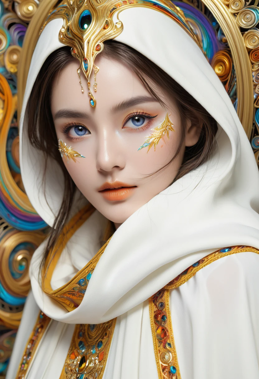(masterpiece, Top quality, best quality, Official Art, beautiful and aesthetic:1.2), (1 Girl), Extremely detailed eyes, (Fractal Art:1.3), rich and colorful, The most detailed, (Perfect face), Glowing skin, Human Development Report, (white cloak golden lines:1.2), galaxy, (Light stripes), Eye-Catching Visuals, (Dynamic Stripes, Luminous trails:1.2), Vibrant colors, (Phoenix), (dragon)