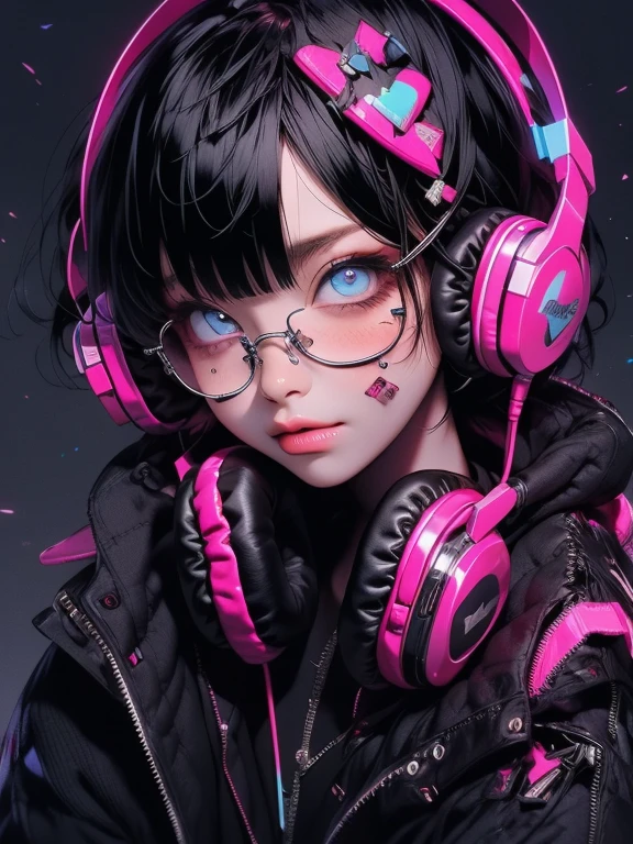 Highest quality,Highest Resolution,１People Women,sexy,headphone,Vibrant colors,Very beautiful eyes,Big Breasts,whole body,Glasses,Black Hair,Neon color