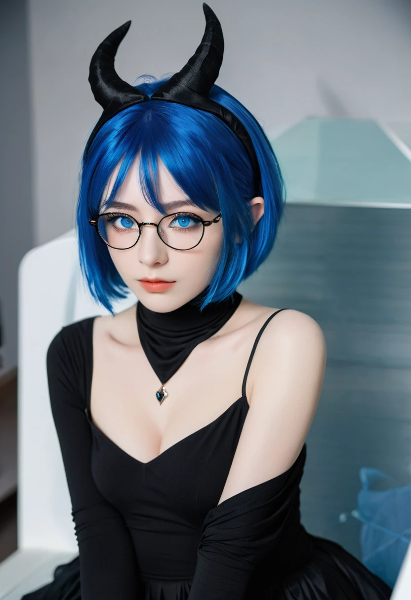 1 Girl, Lilawil, Blue Hair, blue eyes, short hair, Black shawl, skirt, White pantyhose, Blue Devil Wings, Blue glasses, Mini,, indoors, hiding place, many monitors, phantom thief hiding place,, , 