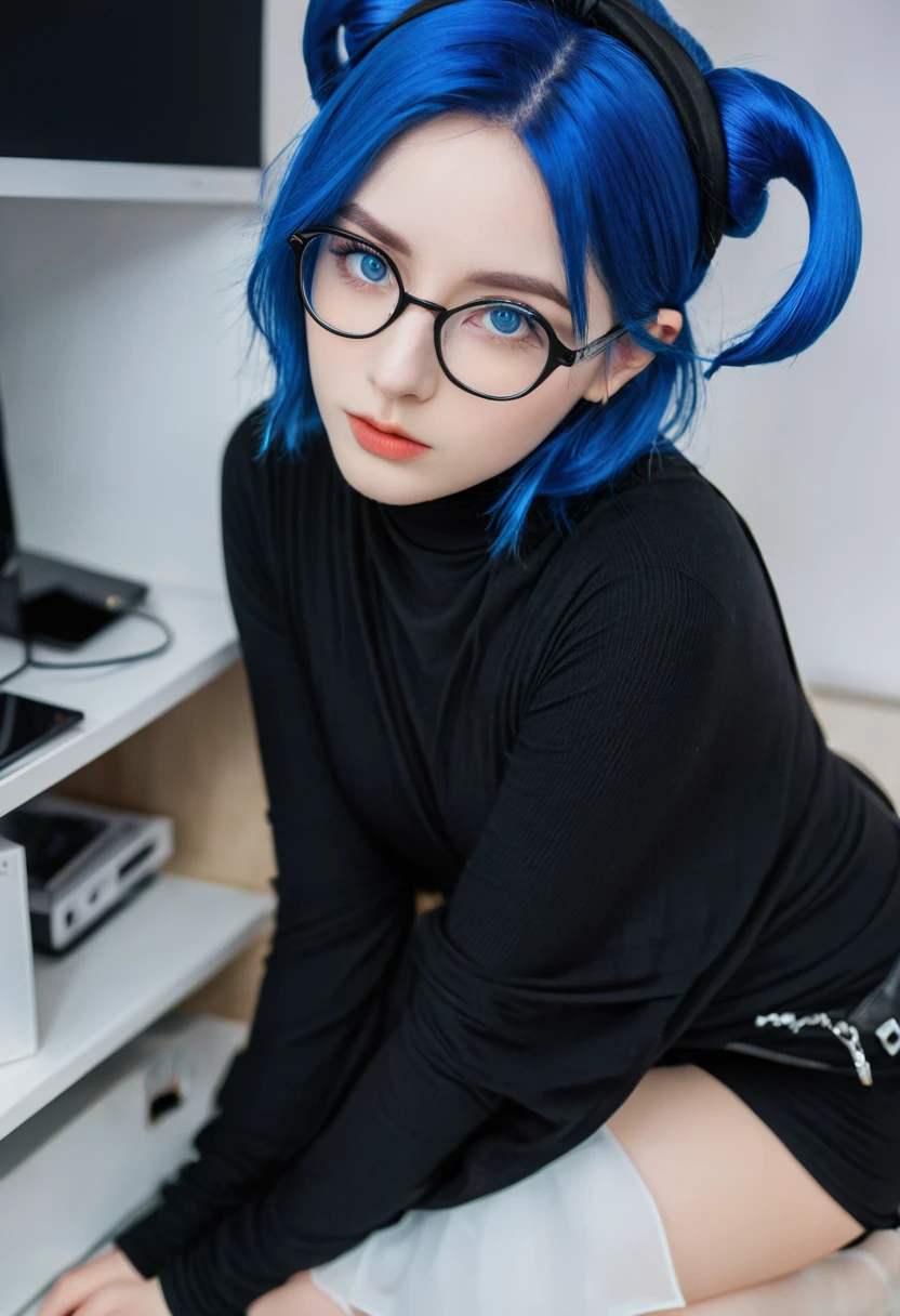1 Girl, Lilawil, Blue Hair, blue eyes, short hair, Black shawl, skirt, White pantyhose, Blue Devil Wings, Blue glasses, Mini,, indoors, hiding place, many monitors, phantom thief hiding place,, , 