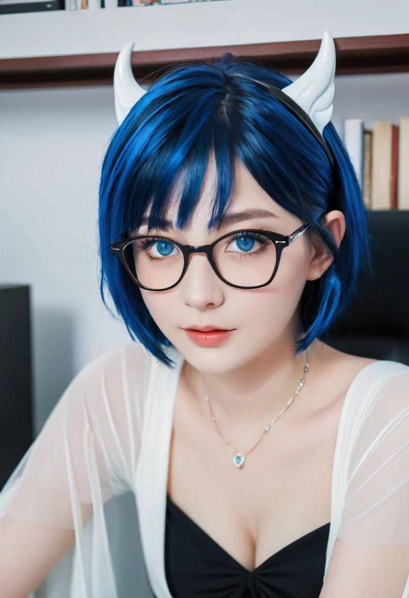 1 Girl, Lilawil, Blue Hair, blue eyes, short hair, Black shawl, skirt, White pantyhose, Blue Devil Wings, Blue glasses, Mini,, indoors, hiding place, many monitors, phantom thief hiding place,, ,