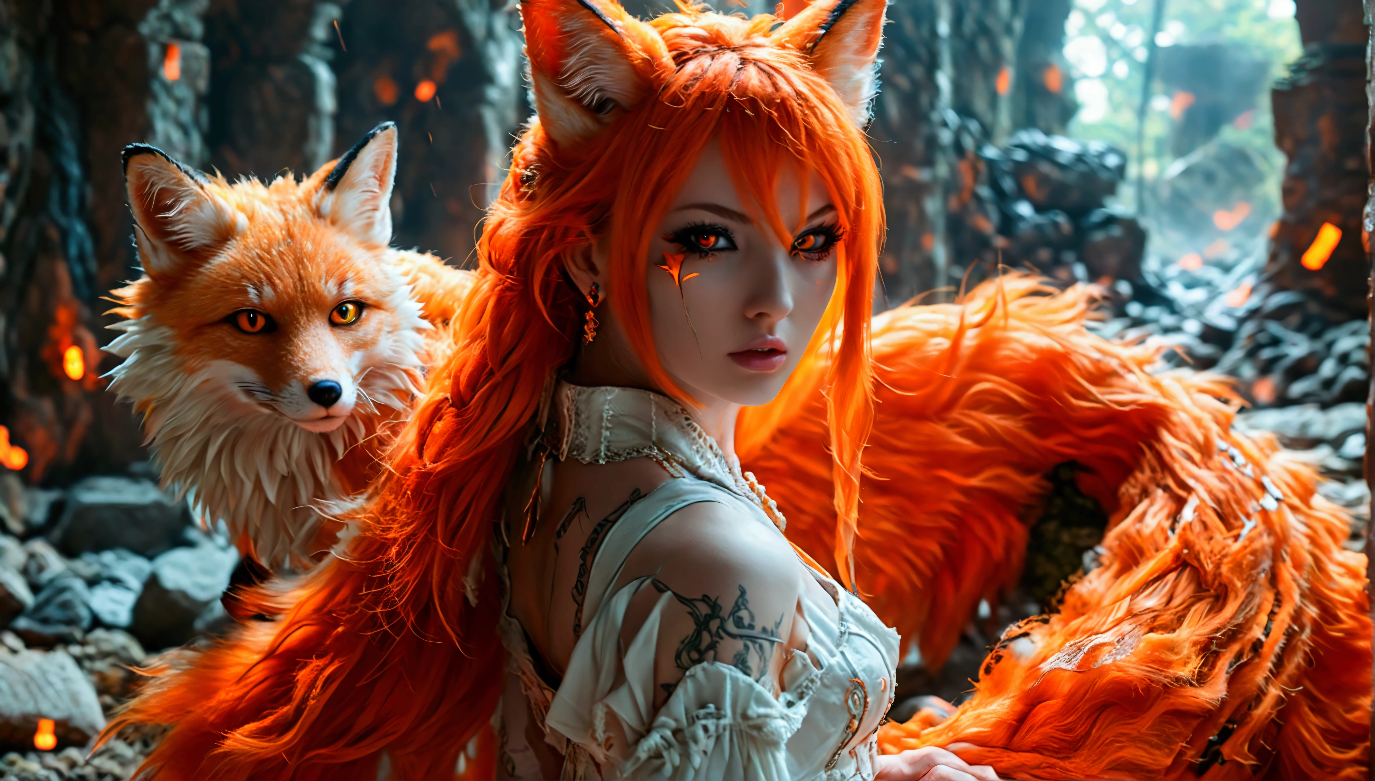 REALISTIC VISION 1.4, BETTER VAE,sharp focus, ultra detail, 32 thousand.,realistic photo, complex parts, (narrow:1.4) , blond hair, (blond hair), orange eyes, complex parts ,woman, Nine tails, complex parts,complex parts,big , voluptuous body, complex parts, (Miko:1.4) , clothes long white dress with red details complex parts, tattoos complex parts, (whole body:1.4) ,  (with a orange Nine tails fox :1.4) , evil (Kurama, naruto), angry face, walk on the ground, back, orange aura, (Ideal Anatomy :1.4),(Cyberpunk destroyed dungeon ruins background :1.4 ), (Ideal Anatomy V2.1), (detailed face :1.4), (Cinematic lighting :1.4), (Beautiful eyes :1.4), 
