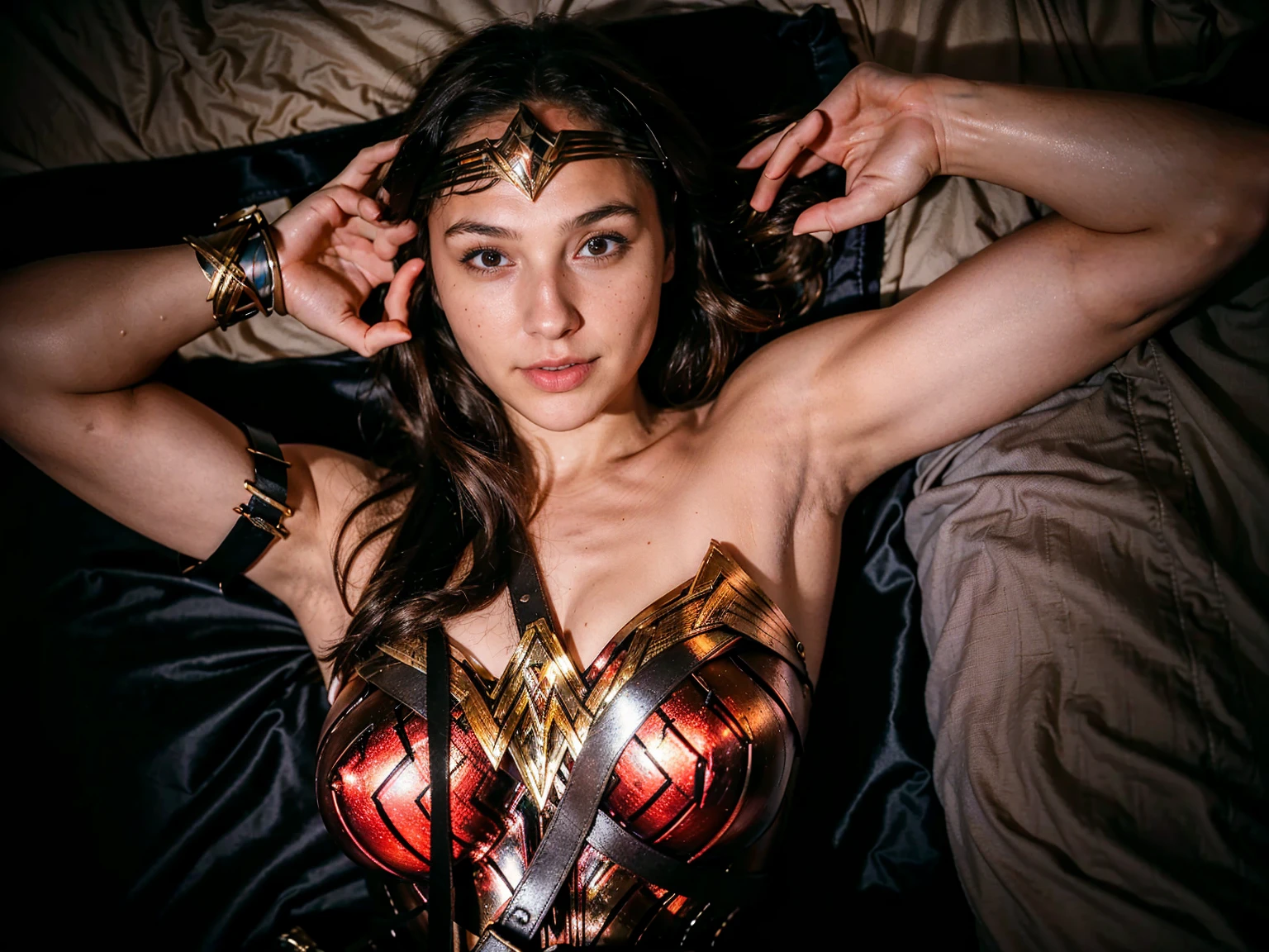 ((masterpiece), (solo character), (photorealistic:1.4), ),(best quality), (epiCRealLife), (g4lg), (g4lg large breasts), (g4lg show cleavages), (Gal Godot in wonder woman costume), (lora:epiCFlashPhoto),(flashphoto), (flash photography) (look at viewers), (at night), (night time),, (photoshoot), (wonder woman theme), (on a beach), (overhead shot) , (from above), (light smile),