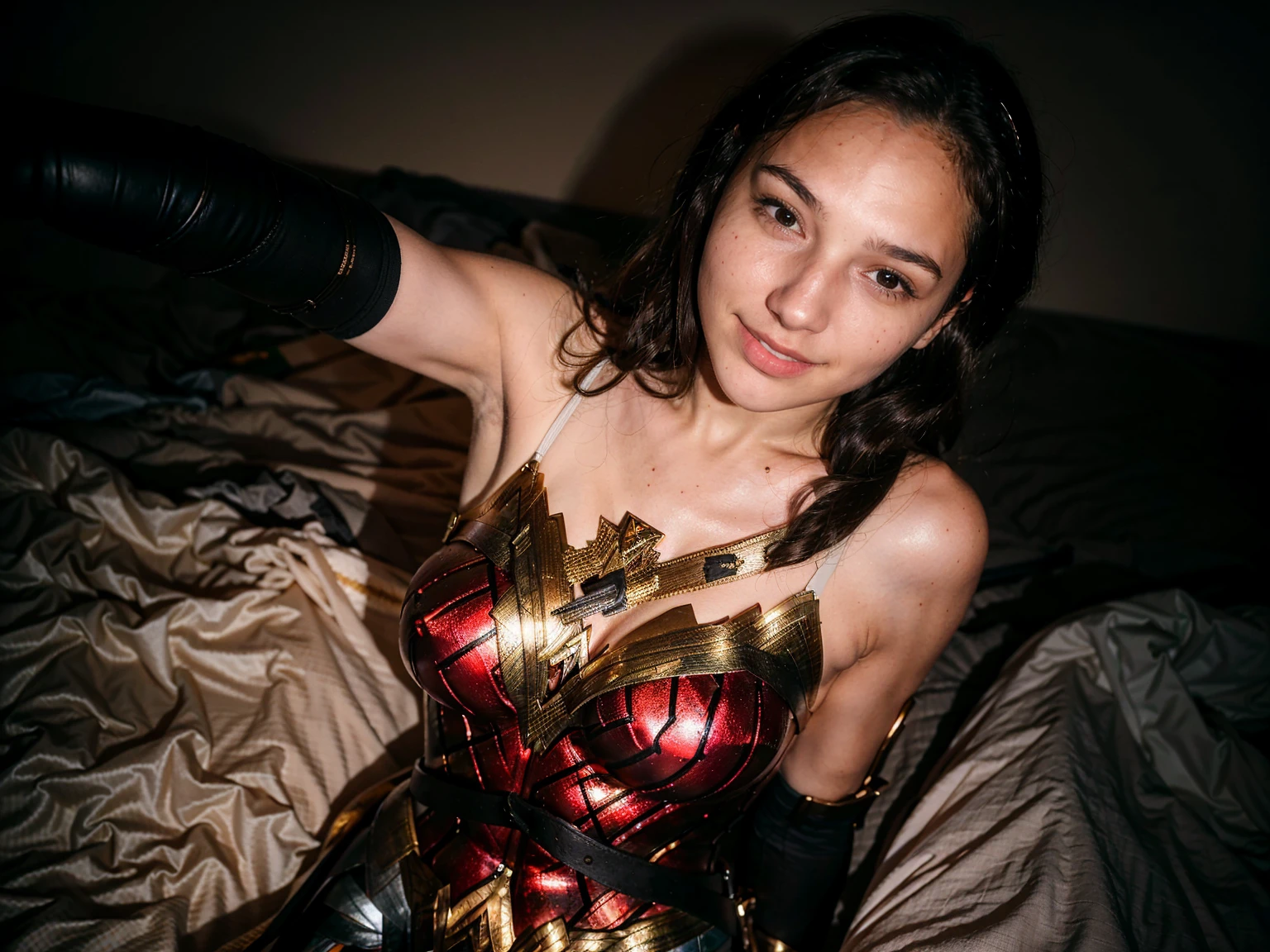 ((masterpiece), (solo character), (photorealistic:1.4), ),(best quality), (epiCRealLife), (g4lg), (g4lg large breasts), (g4lg show cleavages), (Gal Godot in wonder woman costume), (lora:epiCFlashPhoto),(flashphoto), (flash photography) (look at viewers), (at night), (night time),, (photoshoot), (wonder woman theme), (on a beach), (overhead shot) , (from above), (light smile),