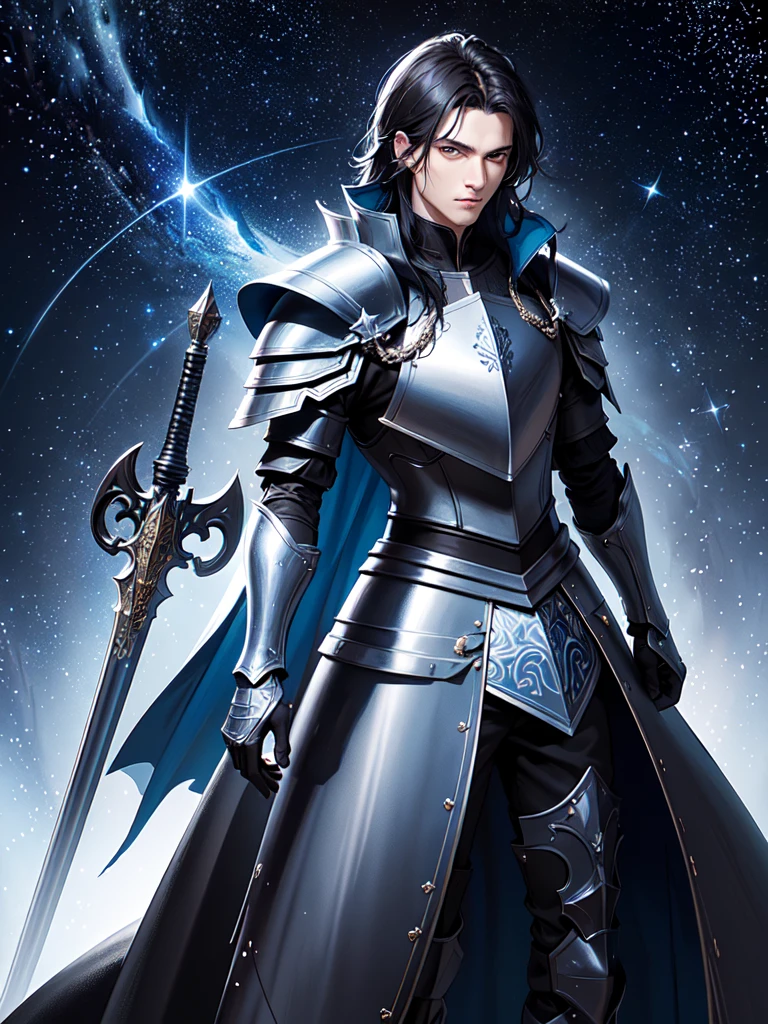 (masterpiece, top quality, best quality, official art, beautiful and aesthetic:1.2), (1guy), knight, black hair, blue eyes, (shining black armor:1.3), indigo cape with stars, serious look, holding a black greatsword, stars in background, extreme detailed,(fractal art:1.3),colorful,highest detailed