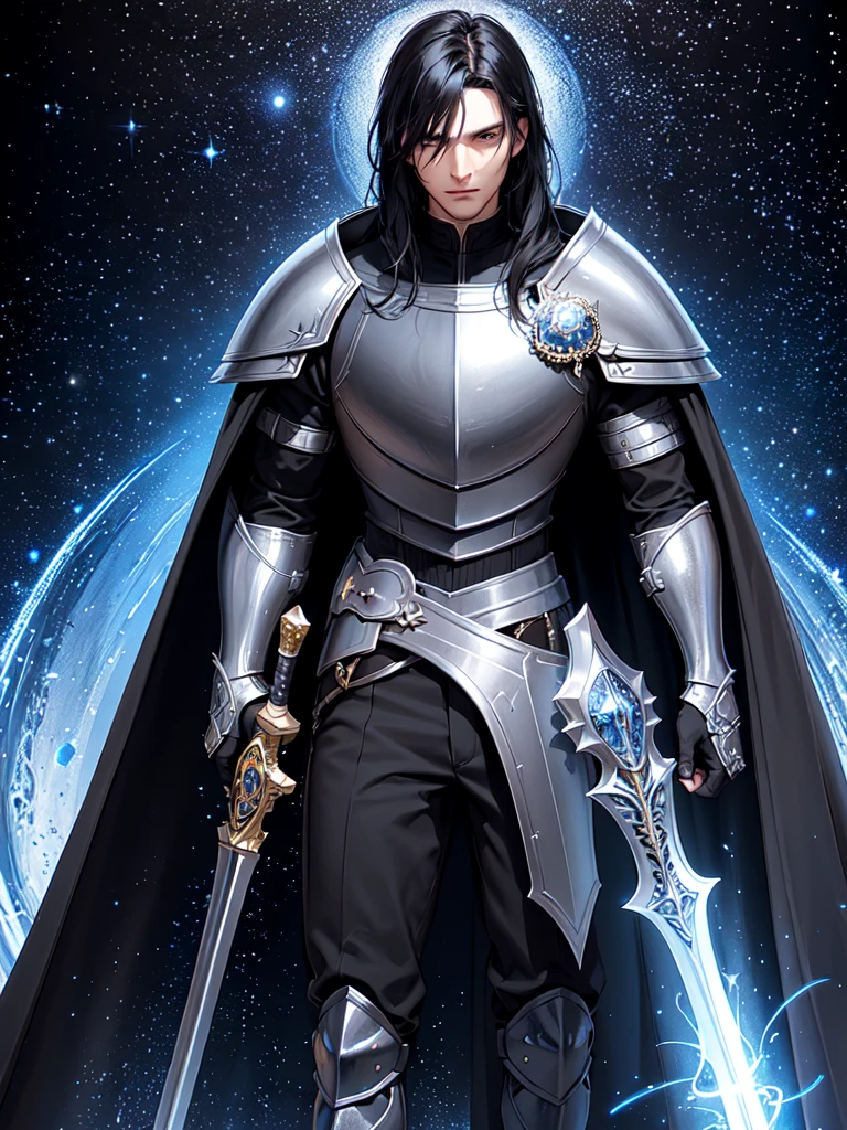 (masterpiece, top quality, best quality, official art, beautiful and aesthetic:1.2), (1guy), knight, black hair, blue eyes, (shining black armor:1.3), indigo cape with stars, serious look, holding a black greatsword, stars in background, extreme detailed,(fractal art:1.3),colorful,highest detailed