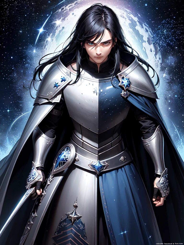 (masterpiece, top quality, best quality, official art, beautiful and aesthetic:1.2), (1guy), knight, black hair, blue eyes, (shining black armor:1.3), indigo cape with stars, serious look, holding a black greatsword, stars in background, extreme detailed,(fractal art:1.3),colorful,highest detailed