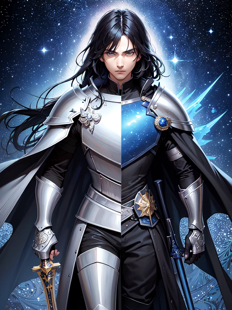 (masterpiece, top quality, best quality, official art, beautiful and aesthetic:1.2), (1guy), knight, black hair, blue eyes, (shining black armor:1.3), indigo cape with stars, serious look, holding a black greatsword, stars in background, extreme detailed,(fractal art:1.3),colorful,highest detailed