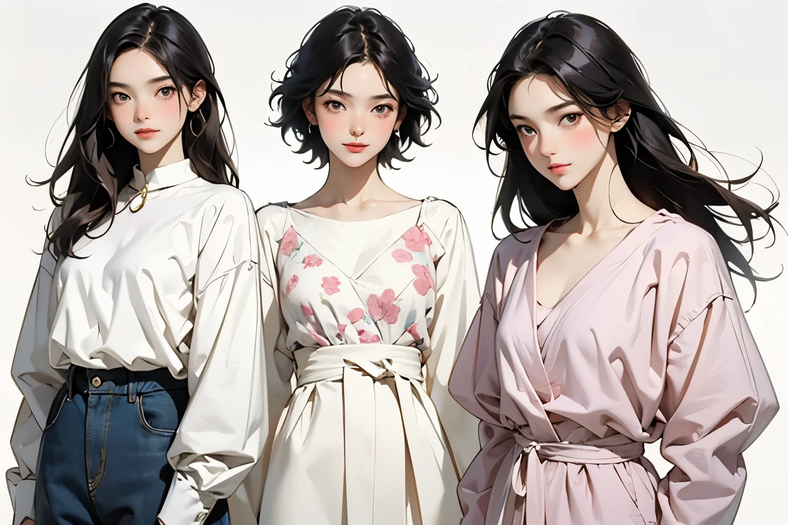 ((Highest quality)), ((masterpiece)), (detailed), Perfect Face,Arafe illustration of three women in different clothes, Girls standing in line, Illustration Style, Wear longer, Loose-fitting clothing, Casual clothingスタイル, Cute art style, drawing style, Casual clothing, Simple clothes, Fashion Research, 多Mr..Costumes, Pink clothes, Bust Up Illustration, wearing elegant Casual clothing, Mr..々Pause, Trending on artstration, Normal clothes, A woman in her twenties dressed in elegant clothes,White Background,Front view,