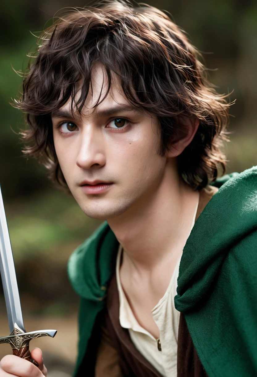 Character Details, man, Hobbit, single, No shoes, barefoot, short hair, 精灵short hair, Leg hair, cape, a hood on part of head, curls, White skin, middle Ages, adventurer, fantasy, Chocolate-colored hair, in dark green cape, Brown eyes, angry, There is a big scar on the cheek, Sword on the belt, Bone bracelet, (scar), Lots of shadows, Dark, Brown pants, Milk shirt,