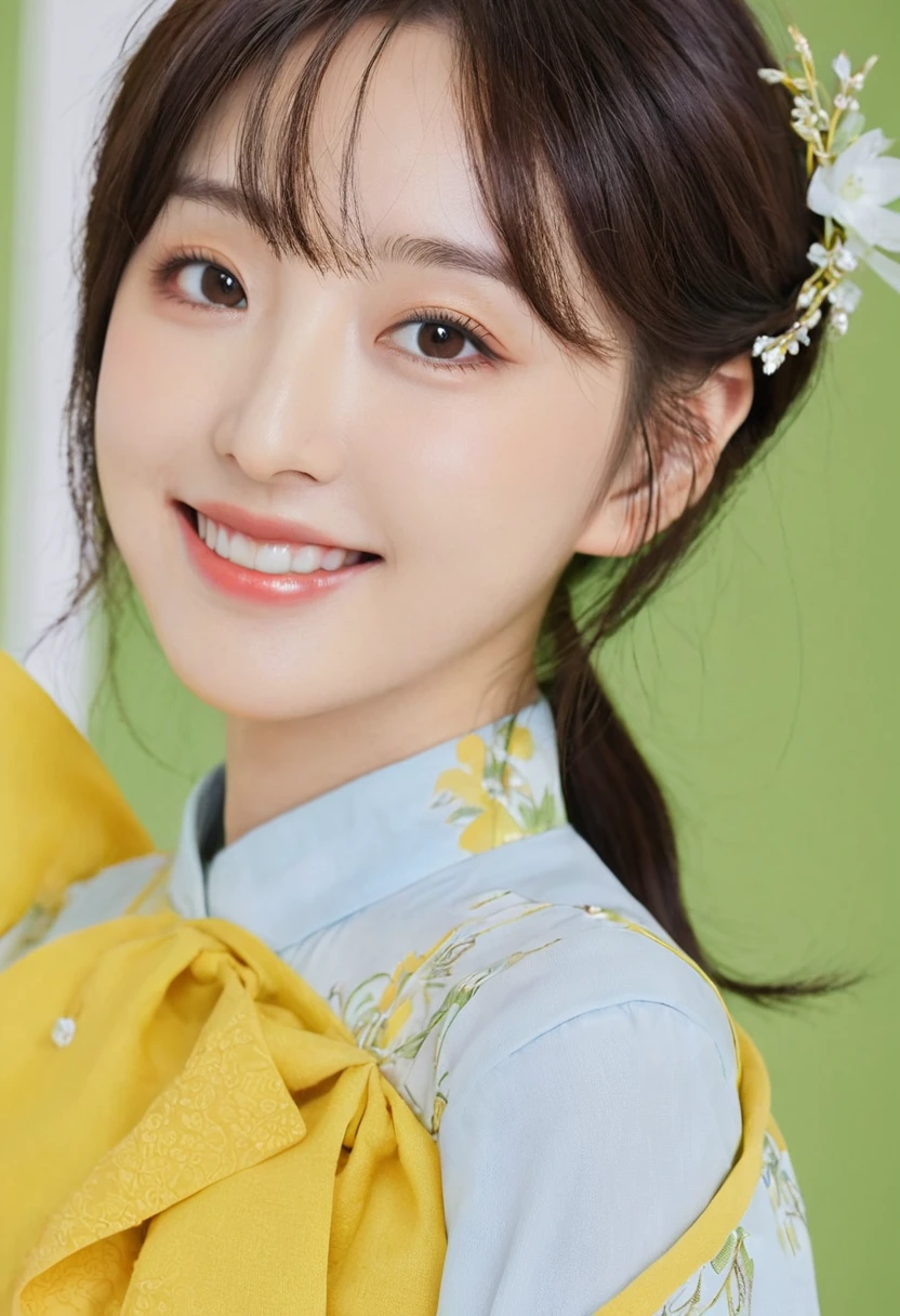 Create a girl image similar to Yui Aragaki. Pay special attention to the atmosphere around the eyes and the style of the hair, Draw a person who has a similar impression to her. return, Show a bright smile or elegant expression similar to hers. You can arrange your clothes and background, But please express her cleanliness and natural charm.