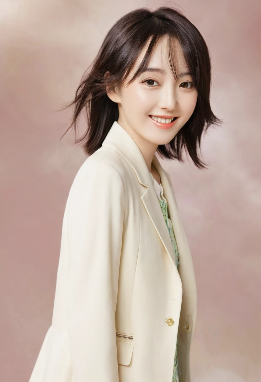 Create a girl image similar to Yui Aragaki. Pay special attention to the atmosphere around the eyes and the style of the hair, Draw a person who has a similar impression to her. return, Show a bright smile or elegant expression similar to hers. You can arrange your clothes and background, But please express her cleanliness and natural charm.