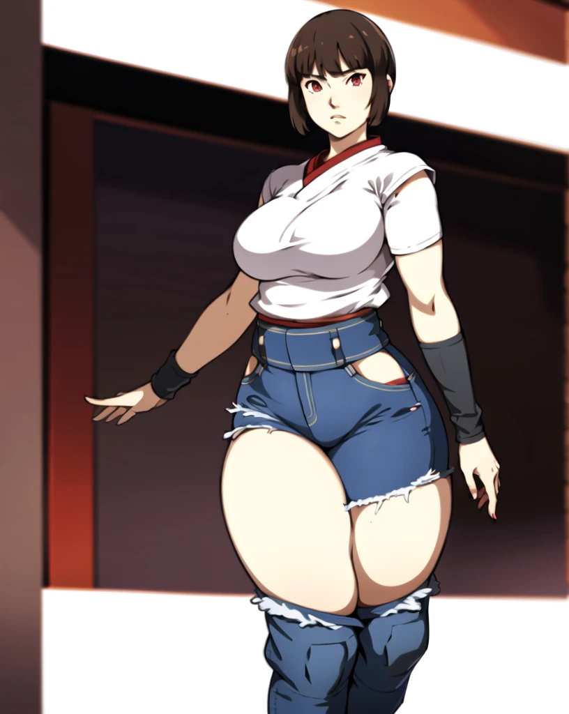 masterpiece, tight denim pants, chubby but small breasts, very thick legs++, Full body+, Solo, Realistic, Swollen face, Japanese face, Legs focus, Moderately fat body type+, 1 woman, wide shoulder, T-shirt, Denim pants, thick thighs, Thick waist++, low rise black denim pants, Small breasts and fat and short leg, Muchimuchi body
sfw, (masterpiece), (best quality:1.0), (ultra highres:1.0), detailed eyes, 1girl, solo, Isabeau posing
brownish red eyes, smtdoistyle, simple background,