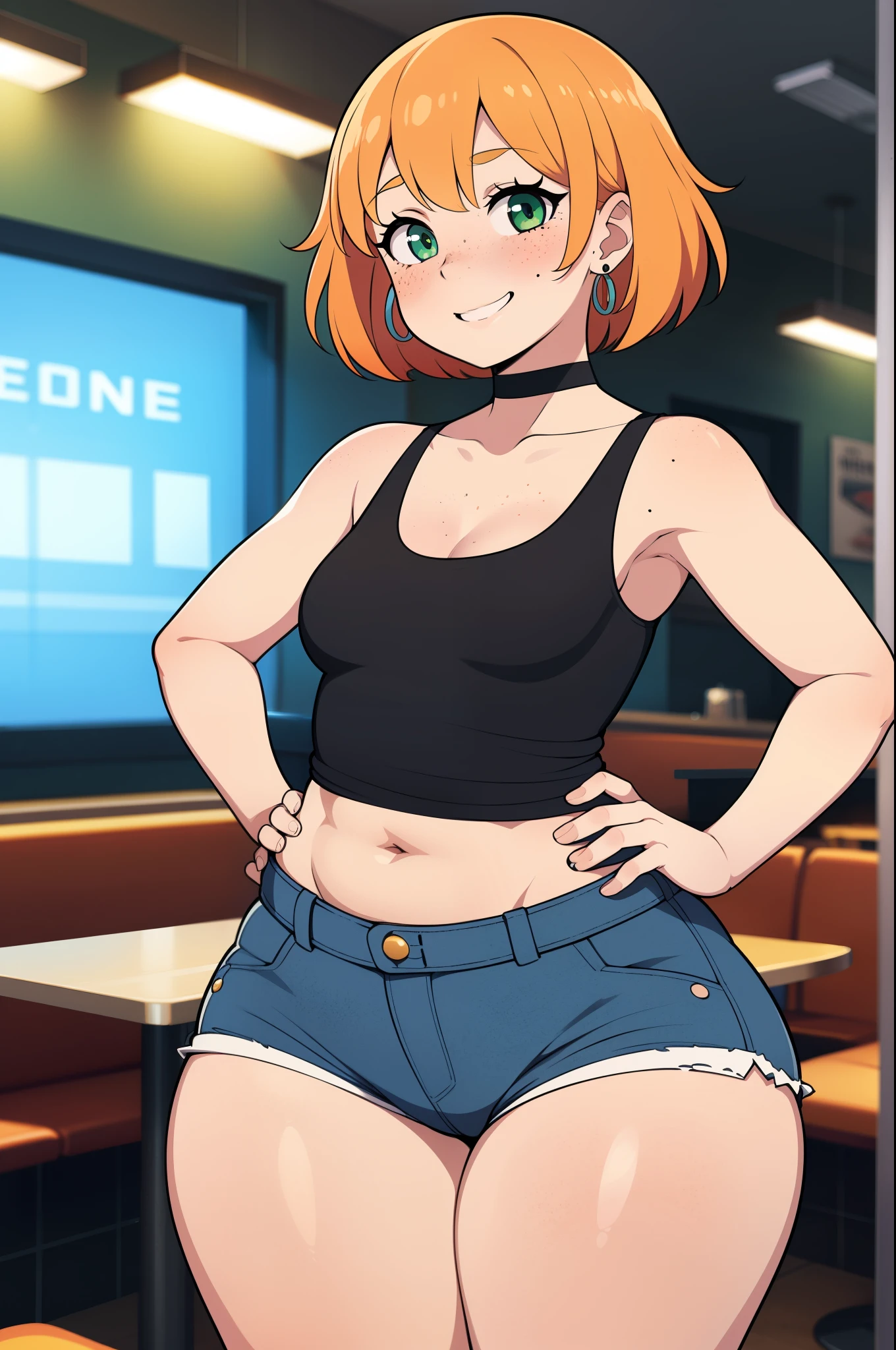 ((Masterpiece)), perfect anatomy, perfect shading, field of depth, (best quality), extremely delicate and beautiful, perfect lighting, detailed face, ultra cute face, cute, ((1girl)), ((solo))

short fluffy orange hair, freckles, green eyes, ((blush)), smile, looking at viewer, tank top, shorts, choker, earrings, small breasts, (thick thighs), wide hips, 

intricate background, detailed background, fast food restaurant, hands on hips,
