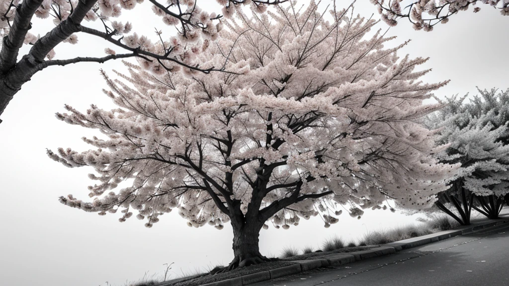 Sakura cherry tree in black and white vegetation