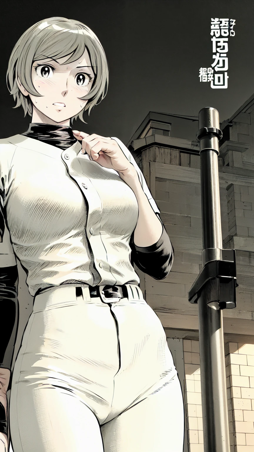 (野球uniform:1.2),
blonde, (short hair:1.2),Long sleeve, Black Shirt, turtleneck,White trousers、uniform、Black belt、((Illustration of a person))、big 、Muddy、Soil stains、ドロドロのuniform、
View your audience,, (Highest quality:1.3),One Girl, White pants、uniform、Outdoor、baseball ground、ground、soil、blue eyes、Tight black shirt、(masterpiece、Highest quality)、Highest quality, Ultra-high resolution, (((masterpiece))), alone, Sweat、big eyes、big Breasts、Torn clothes、 Fully exposed、Nipples、One Girl, Front view、Embarrassed face、Bronze colored hair、((short hair))、Stand up straight、Cowboy Shot