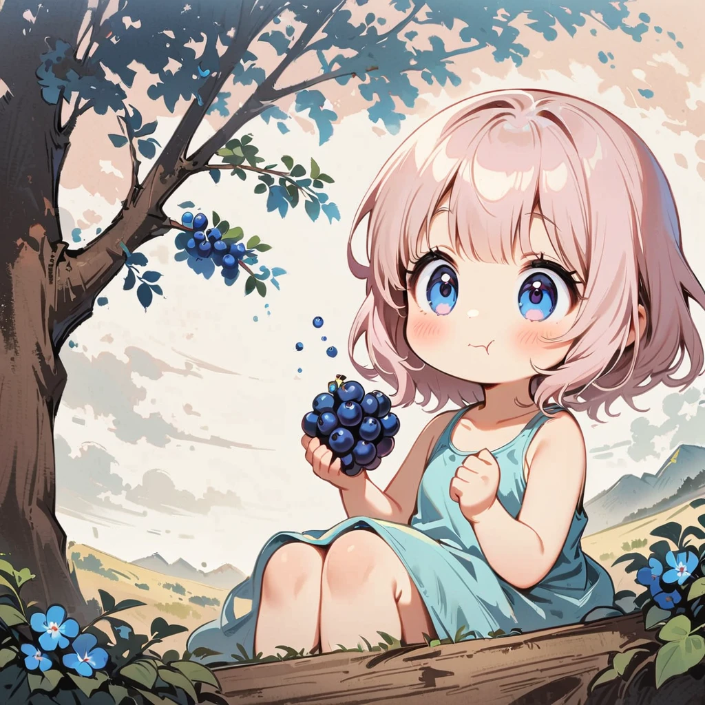 pale pink hair、Sitting、Make the face a little slimmer、Blueberry field、There are lots of blueberries on the trees、Picking and eating blueberries、Cartoon style character design,1 Girl, alone,Big eyes,Cute expression,Tank top、interesting,interesting,Clean Lines