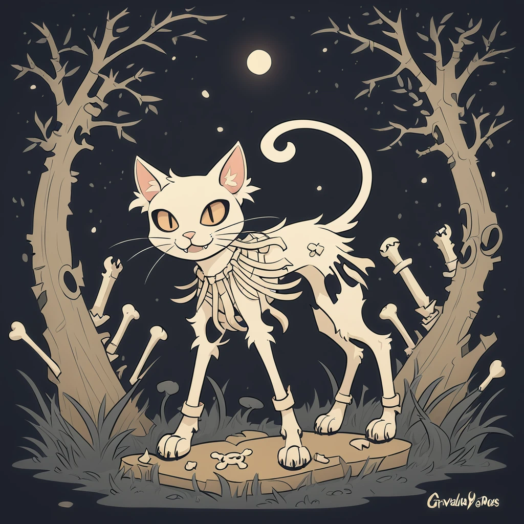 a cat with the bones on the outside in graveyard art style