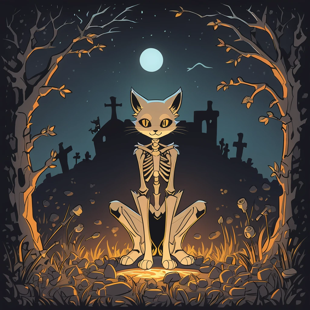 a cat with the bones on the outside in graveyard art style