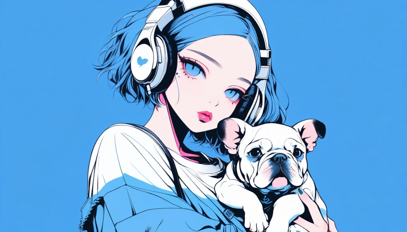 Illustrator, anime , Realistic ,sketch , A girl holding a cute bulldog puppy wearing headphones, ,lip, T-shirt,order,Textured Trim, (masterpiece,Highest quality) Blue background, Neon Hair,Textured Trim, Canadian, (masterpiece,Highest quality) Cancer，