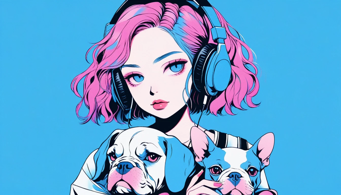 Illustrator, anime , Realistic ,sketch , A girl holding a cute bulldog puppy wearing headphones, ,lip, T-shirt,order,Textured Trim, (masterpiece,Highest quality) Blue background, Neon Hair,Textured Trim, Canadian, (masterpiece,Highest quality) Cancer,