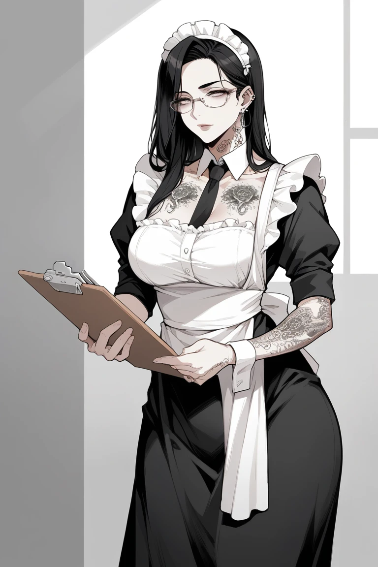 1girl, solo, mature female, dark hair, long flowing black hair, deep striking eyes, beautiful and alluring body, multiple piercings and tattoos, tall and statuesque, wearing glasses, wearing a black and white maid outfit with head maid insignia, elegant, wise, standing in a well-organized and clean room, natural light, managing household tasks, holding a clipboard, focused and calm expression, professional yet sensual appearance, commanding presence, directing other maids in the background. Tattoos: intricate floral tattoo on her left thigh, dragon tattoo wrapping around her right arm, delicate script tattoo on her lower back, lewd tattoo above her groin. Piercings: ear piercings with multiple studs and hoops. Her expression should convey confidence and authority, emphasizing her role as head maid.