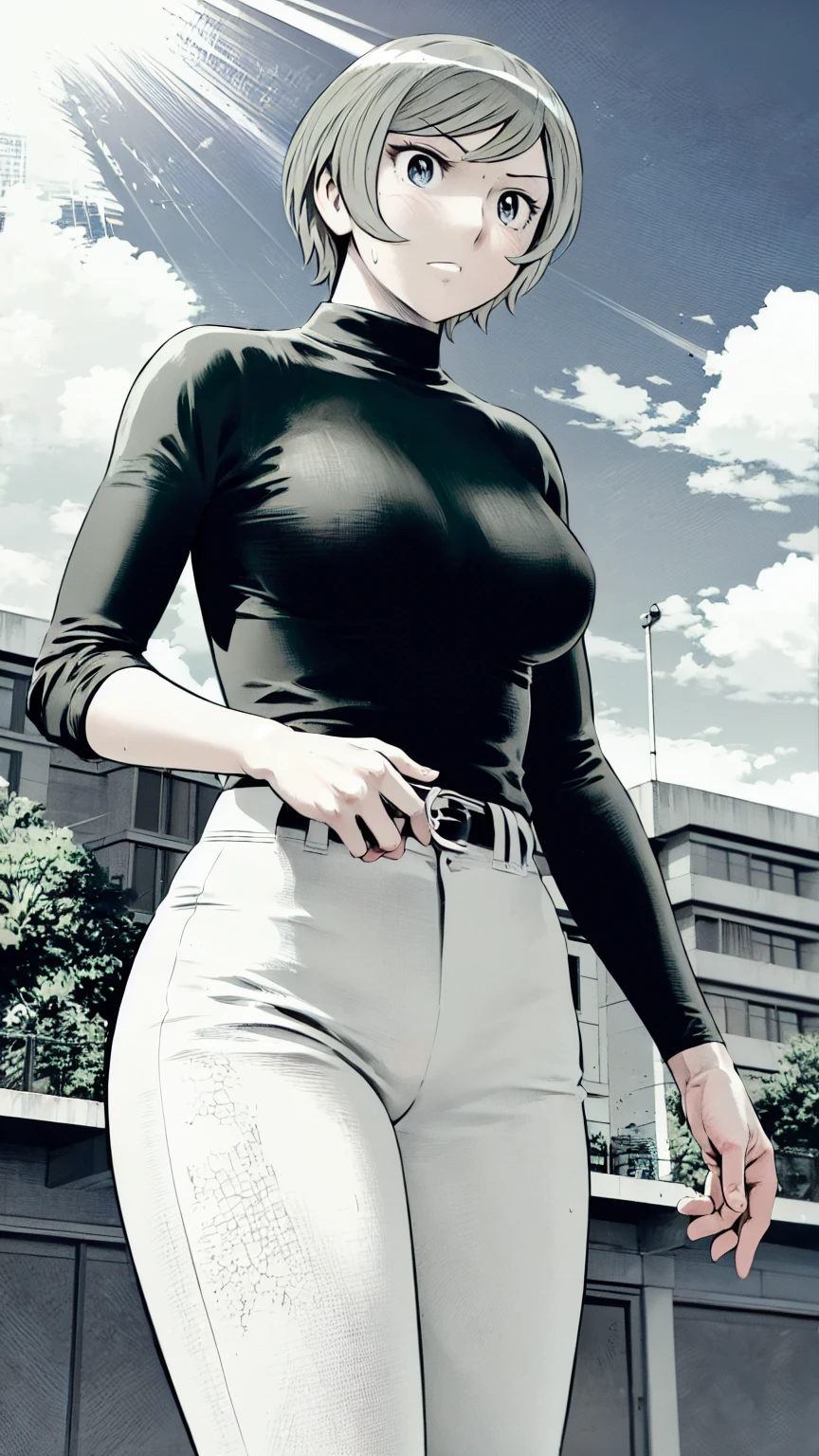 (野球uniform:1.2),
blonde, (short hair:1.2),Long sleeve, Black Shirt, turtleneck,White trousers、uniform、Black belt、((Illustration of a person))、big 、Muddy、Soil stains、ドロドロのuniform、
View your audience,, (Highest quality:1.3),One Girl, White pants、uniform、Outdoor、baseball ground、ground、soil、blue eyes、Tight black shirt、(masterpiece、Highest quality)、Highest quality, Ultra-high resolution, (((masterpiece))), alone, Sweat、big eyes、big Breasts、Torn clothes、 Fully exposed、Nipples、One Girl, Front view、Embarrassed face、Bronze colored hair、((short hair))、Stand up straight、Cowboy Shot
