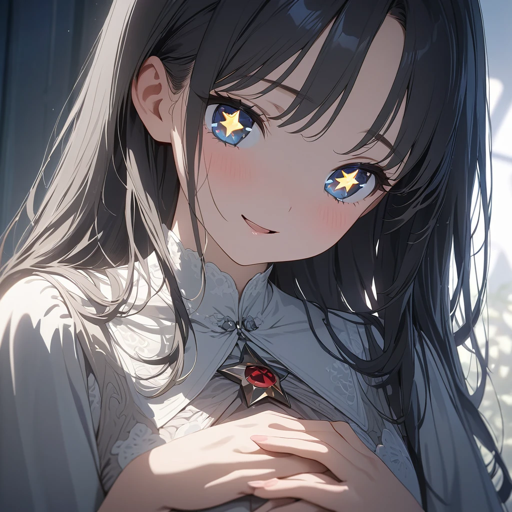 masterpiece, ultra detailed, 8K,  (Cute a girl:1.5), 
(masterpiece:1.3), anime visual,black-colored middle part long hair,dark blue eyes, (tilt head:1.3), extremely delicate face, soft clean focus, realistic lighting and shading, (an extremely delicate and beautiful art:1.3), elegant, (muted colors:1.1),(star-shaped pupils:1.5)The girl places her hands in front of her chest, smiles with her mouth open,
