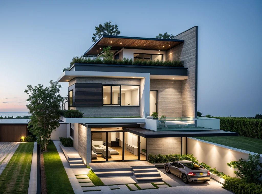 1 morden house, cofe space:1.4, main material by white wall and wood, large yard, 1 road runs in front of the house, (RAW photo, real, best quality, masterpiece:1.2), look morden minimalist, 1 road in front of the house, shime ring light, light brighteness from indoor:1.2, dynamic lighting:1.3, (hyper realistic, photo-realistic:1.2), high quality, (dark lighting:1.2), perfect lighting, archdaily