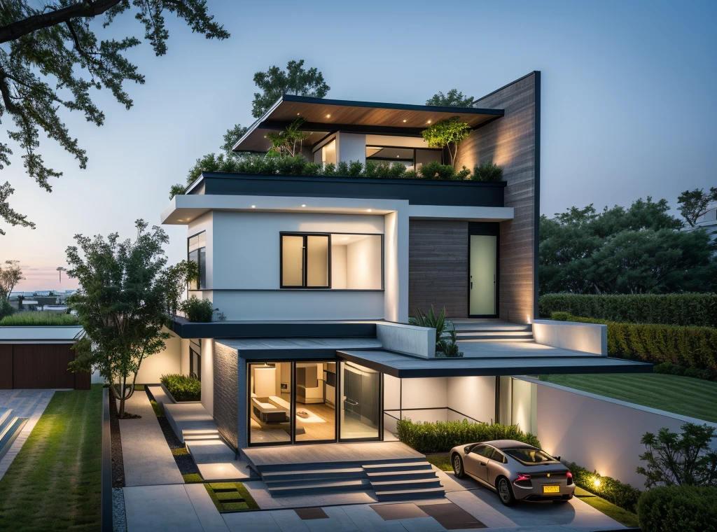 1 morden house, cofe space:1.4, main material by white wall and wood, large yard, 1 road runs in front of the house, (RAW photo, real, best quality, masterpiece:1.2), look morden minimalist, 1 road in front of the house, shime ring light, light brighteness from indoor:1.2, dynamic lighting:1.3, (hyper realistic, photo-realistic:1.2), high quality, (dark lighting:1.2), perfect lighting, archdaily