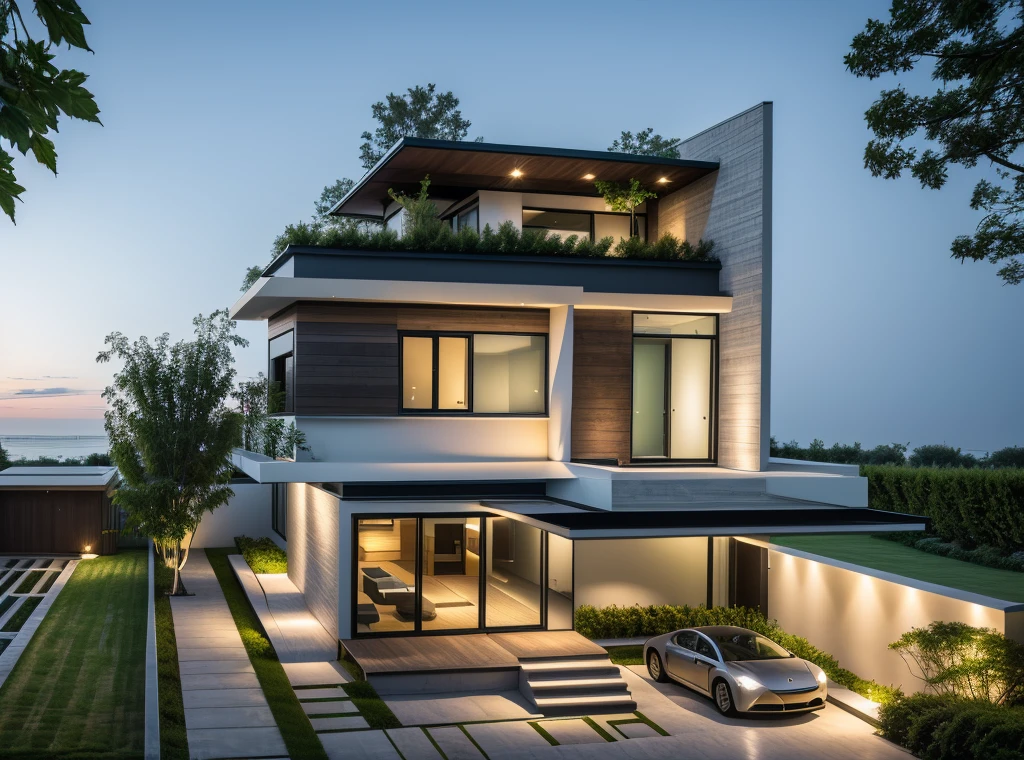 1 morden house, cofe space:1.4, main material by white wall and wood, large yard, 1 road runs in front of the house, (RAW photo, real, best quality, masterpiece:1.2), look morden minimalist, 1 road in front of the house, shime ring light, light brighteness from indoor:1.2, dynamic lighting:1.3, (hyper realistic, photo-realistic:1.2), high quality, (dark lighting:1.2), perfect lighting, archdaily