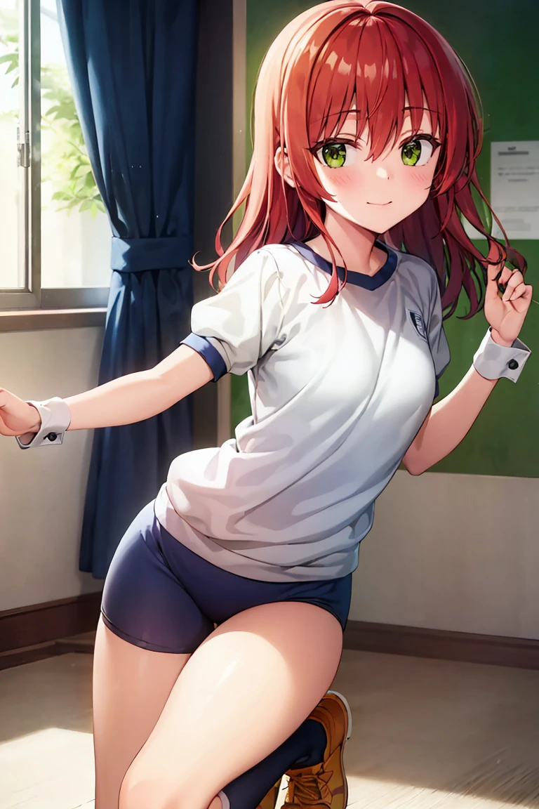 room, 1 Girl, Highest quality, Ultra-high resolution, Long Hair, Redhead, Green Eyes,Looking at the audience, Small breasts , smile, Open your mouth、(Navy blue cuffs and white short-sleeved gym uniform)、(Navy Blue Bloomers)、(
barefoot)、Navy blue socks、sports boots、Ground、Schoolyard、Sexy pose