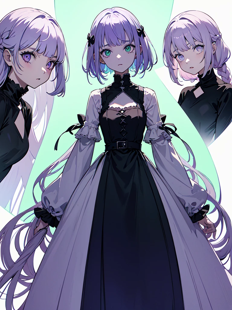 sketch (Character design sheet, same characters, whole body, Three-View, front, ~ ~ ~ side, return),(Very bright:1.1), White Background, [1 Girl:7], (Tilt your head:1.2), ([sketch|watercolor \(Moderate\)]:1.15),full body, Full bangs,(Full bangs, Straight bangs, The bangs are aligned diagonally), Gradient braided hair, (Light purple hair), (Ink blotches:1.1), (pale:1.2),(Light purple:1.2),(Light green:1.2)　and full body, Artistic elements add depth to the work. The overall atmosphere is creepy and nightmarish..., With a unique artistic touch. This movie is、The dark and crazy world of horror movies depicted in HD., Evoke visual stimuli and aesthetic sense, It will terrify and excite the audience....,watercolor画, （Lightless, Eyes without highlights, Evil Eye, A bad looking person with white eyes, It&#39;s a red eyeliner）,whole body絵, Wearing a maid outfit and （Mature face,tall, Wearing black tights,Green Eyes, The skin is hidden　and maid, The background is a dark and desolate landscape, Horror movie atmosphere. Her figure is extremely beautiful, Emphasizing the dark and crazy elements. Skillfully expressing the effects of light and shadow, detailed, The face and expression of the black costume are also carefully drawn.