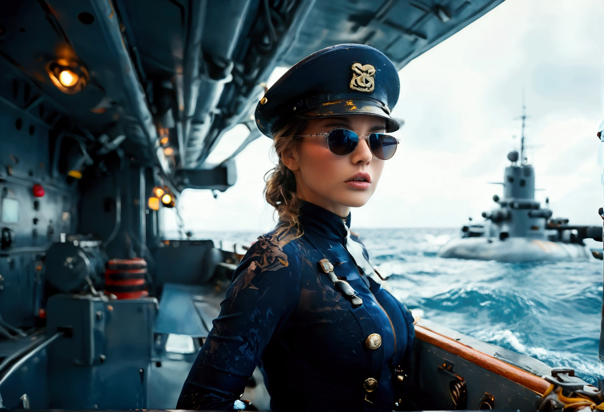 A stern woman (age 25, sexy navy costume, captain's hat, sunglasses), standing on the prow of a submarine speeding at the surface of ocean, dramatic pose
