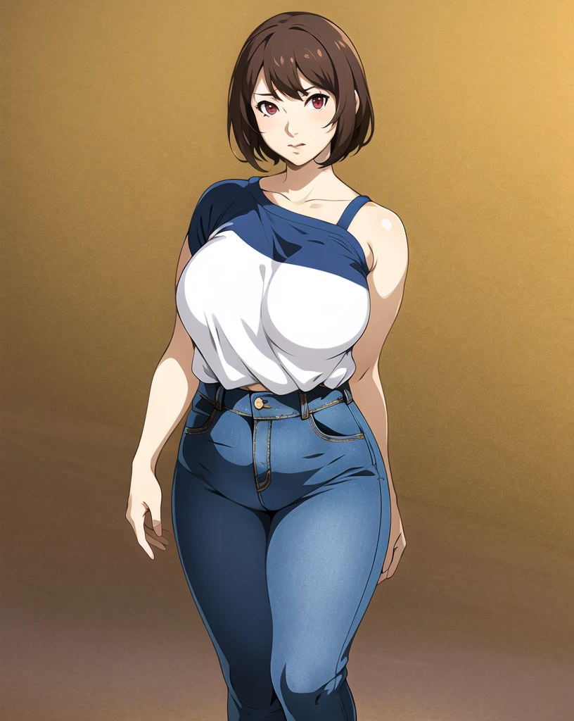 masterpiece, tight denim pants, chubby but small breasts, very thick legs++, Full body+, Solo, Realistic, Swollen face, Japanese face, Legs focus, Moderately fat body type+, 1 woman, wide shoulder, T-shirt,  Denim pants, thick thighs, Thick waist++, low rise black denim pants, Small breasts and fat and short leg, Muchimuchi body

sfw,  (masterpiece), (best quality:1.0), (ultra highres:1.0), detailed eyes, 1girl, solo, Isabeau posing
brownish red eyes, smtdoistyle, simple background, 
