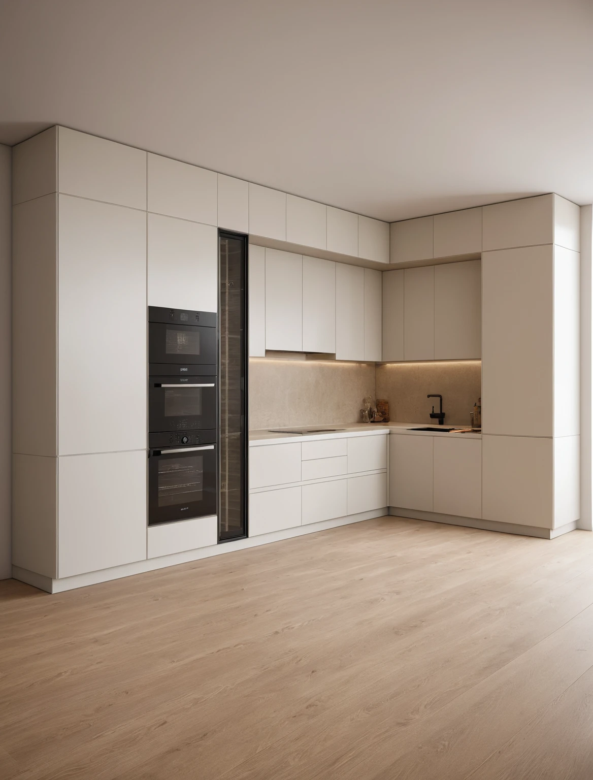Raw photo,Masterpiece, high quality, best quality, authentic, super detail, interior , sunset, daylight, Kitchen Cabinets style minimalist, Induction cooker, sink, faucet, oven, built-in microwave, wooden floor, hood, wine cabinet, ((beige and white tones))