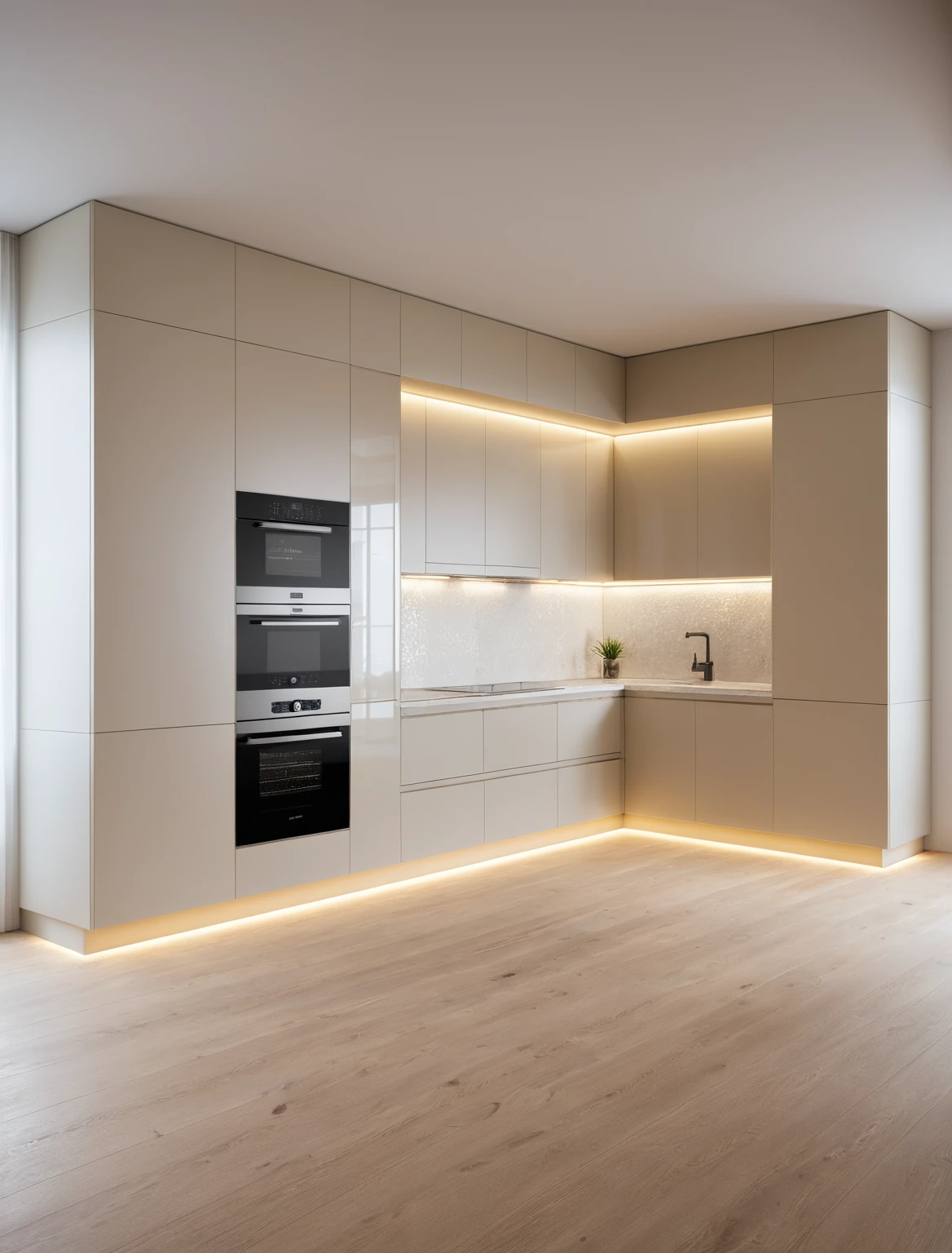 Raw photo,Masterpiece, high quality, best quality, authentic, super detail, interior , sunset, daylight, Kitchen Cabinets style minimalist, Induction cooker, sink, faucet, oven, built-in microwave, wooden floor, hood, wine cabinet, ((beige and white tones))