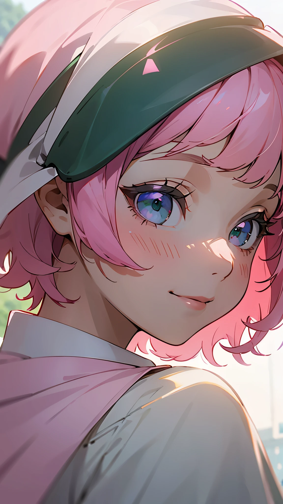 １girl、Trypophobia Eyes、Pink Hair、short hair、bangs、Green Eyes、Beautiful Eyes、White polo shirt、smile、profile、Face close-up、Morning Cafe Terrace、Background blur, Written boundary depth