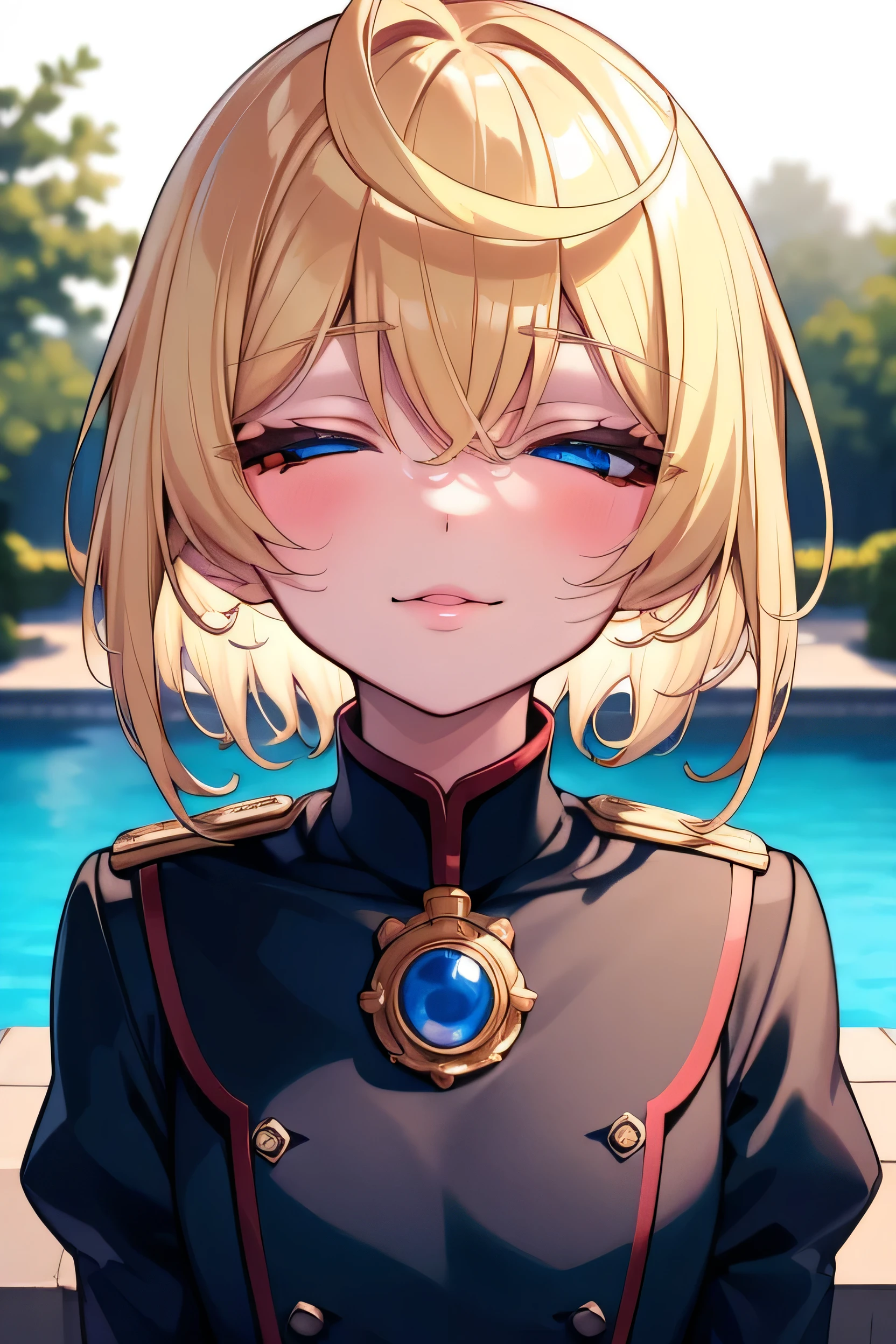 Degurechaff asked.。, uniform, Wicked Smile, Small stature, Killer Eyes, delicate, blue eyes, short hair, Blonde, bangs, Very detailed, masterpiece, Highest quality, Maroon mouth, front, close your eyes, Looking at the audience, look up, Put your chin forward, Melting smile, ((Close to me)), ((Focus on the upper body)), ((Small and cute girl)), ((Beautiful glowing white skin)), ((Beautiful blonde)), short hair, ((Close both eyes completely)), ((Pink Lip Gloss)), blush, Shiny skin, ((In front of the fountain)), ((Forced to kiss))