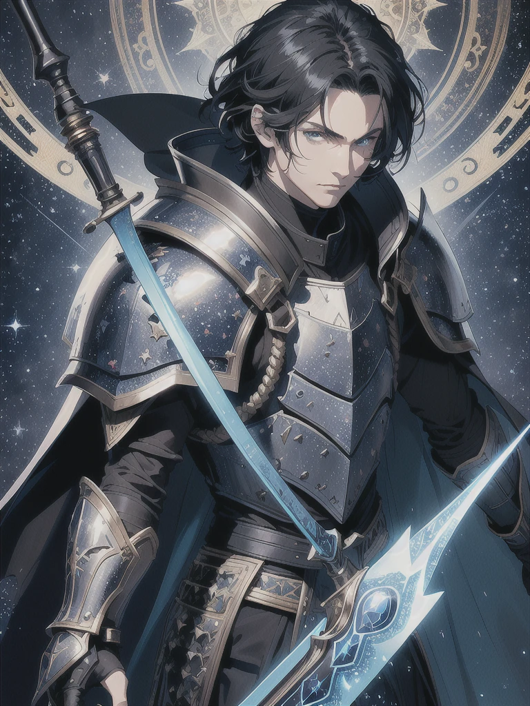 (masterpiece, top quality, best quality, official art, beautiful and aesthetic:1.2), (1guy), knight, black hair, blue eyes, (shining black armor:1.3), indigo cape with stars, serious look, holding a black greatsword, stars in background, extreme detailed,(fractal art:1.3),colorful,highest detailed