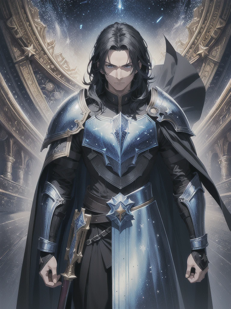 (masterpiece, top quality, best quality, official art, beautiful and aesthetic:1.2), (1guy), knight, black hair, blue eyes, (shining black armor:1.3), indigo cape with stars, serious look, holding a black greatsword, stars in background, extreme detailed,(fractal art:1.3),colorful,highest detailed