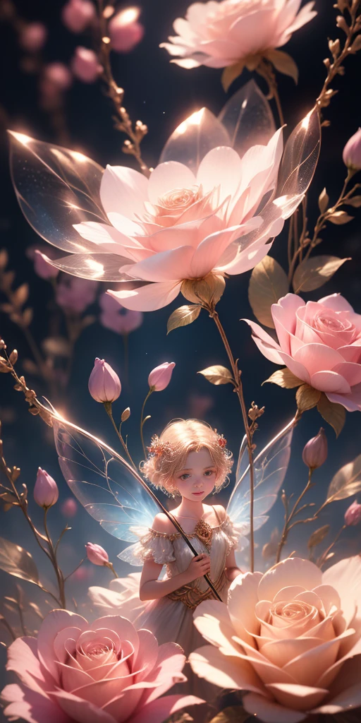 Beautiful transparent flower fairy baby, Transparent colorful wings, The wand flutters in the wind、The wand flashed with starlight,golden wand,Beautiful blue sky and white clouds、Girls have transparent wings、kindly smile、Beautiful garden background、Gentle and transparent,anatomy correct, Delicate pattern,Pink rose space, Soft lighting, ( bokeh),Masterpiece, Super detailed, Epic composition, Highest quality, 8K,Epic romantic fantasy digital art,Epic fairy tale fantasy digital art,Mythological fantasy,UHD resolution,Detailed detail drawing,realisticlying,Very realistic,cinmatic lighting,an award winning photograph,rich colours,hyper realistic lifelike texture,Dramatic lighting fairy