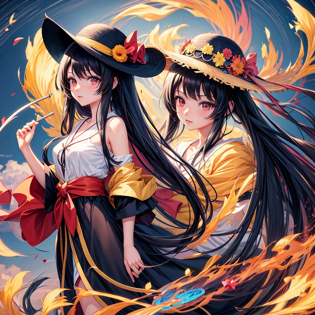 Long black hair anime girl wearing a straw hat, Anime style 4k, Beautiful anime portrait, Anime cute art style, Anime Art Wallpaper 4K, Anime Art Wallpaper 4K, High-quality anime art style, Anime style portrait, Gu Weiss, artwork in the style of Gu Weiss, Detailed digital anime art, anime art wallpaper 8 k, Cute anime girl portrait