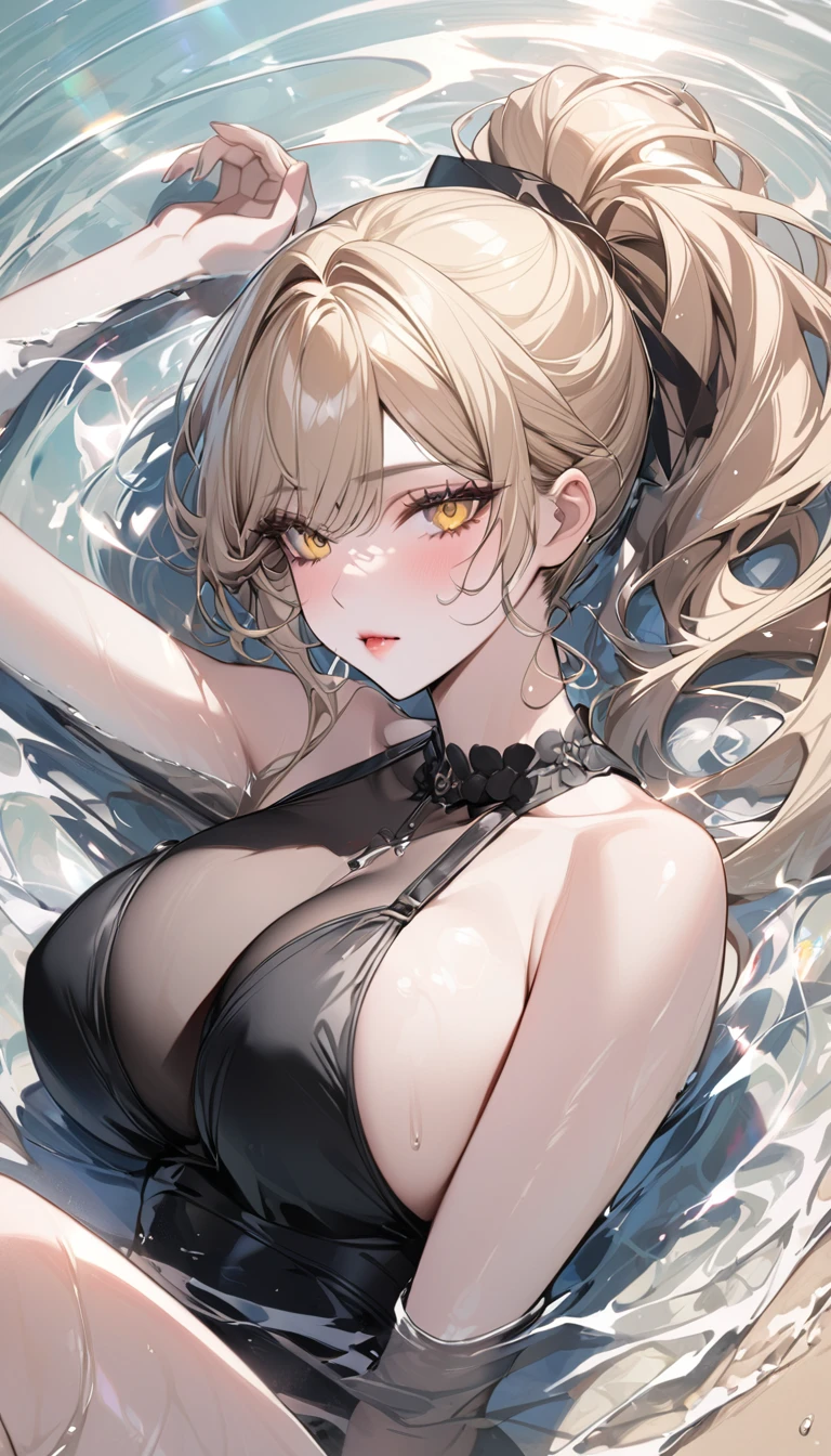 Highest quality　masterpiece　High resolution　Long blonde hair　　ponytail　Character Portrait　Yellow Eyes　Pale pink lips　Big Breasts　Fluffy body　Black Costume　Lying on the beach　Dazzling Water　Floating Feeling　Pale Light