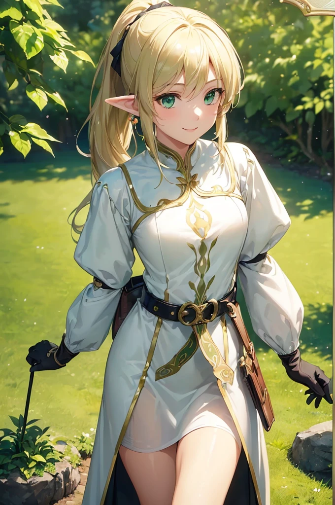 (((masterpiece; best quality: 1.2))), (finely detailed eyes: 1.3), (25 year old elf woman), (solo), (green eyes: 1.4), (body; lithe, fit, femenine: 1.3), (silky blonde hair + low ponytail: 1.3), (beautiful and clear background: 1.2), ((depth of field)), (equipment: adventurer attire + modest + long white tunic-coat + black longskirt + gloves + belt + pouches: 1.3), (anime illustration: 1.2), (background composition; royal garden: 1.1), (extremely fine and beautiful: 1.1), (shot composition; standing + centered on torso + close-up: 1.5), (expression; calm, smile: 1.2)