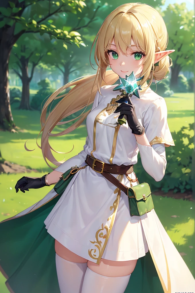 (((masterpiece; best quality: 1.2))), (finely detailed eyes: 1.3), (25 year old elf woman), (solo), (green eyes: 1.4), (body; lithe, fit, femenine: 1.3), (silky blonde hair + low ponytail: 1.3), (beautiful and clear background: 1.2), ((depth of field)), (equipment: adventurer attire + modest + long white tunic-coat + black longskirt + gloves + belt + pouches: 1.3), (anime illustration: 1.2), (background composition; royal garden: 1.1), (extremely fine and beautiful: 1.1), (shot composition; standing + centered on torso + close-up: 1.5), (expression; calm, smile: 1.2)