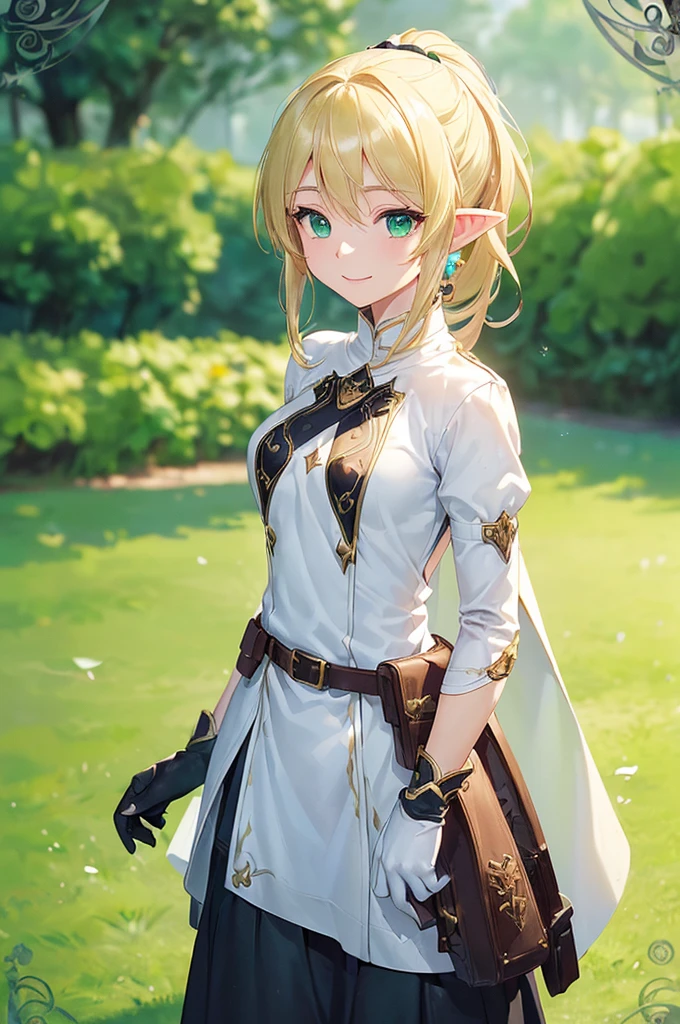 (((masterpiece; best quality: 1.2))), (finely detailed eyes: 1.3), (25 year old elf woman), (solo), (green eyes: 1.4), (body; lithe, fit, femenine: 1.3), (silky blonde hair + low ponytail: 1.3), (beautiful and clear background: 1.2), ((depth of field)), (equipment: adventurer attire + modest + long white tunic-coat + black longskirt + gloves + belt + pouches: 1.3), (anime illustration: 1.2), (background composition; royal garden: 1.1), (extremely fine and beautiful: 1.1), (shot composition; standing + centered on torso + close-up: 1.5), (expression; calm, smile: 1.2)
