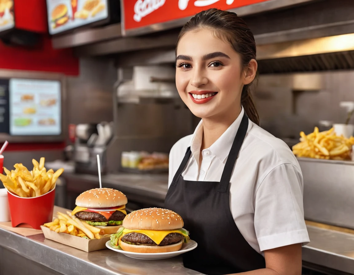 a fast food worker, fast food restaurant, fast food counter, fast food apron, fast food uniform, french fries, hamburger, cheeseburger, soda, milkshake, cashier, order taking, cooking, serving, smiling, friendly expression, dynamic pose, bright lighting, warm colors, photorealistic, (best quality,4k,8k,highres,masterpiece:1.2),ultra-detailed,(realistic,photorealistic,photo-realistic:1.37)